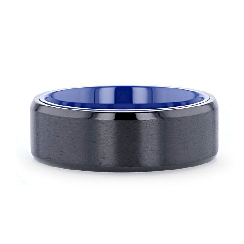 Beveled Edges Black Titanium Ring with Brushed Center and Vibrant Blue Inside - 8mm - Castor- Sparkle & Jade-SparkleAndJade.com 