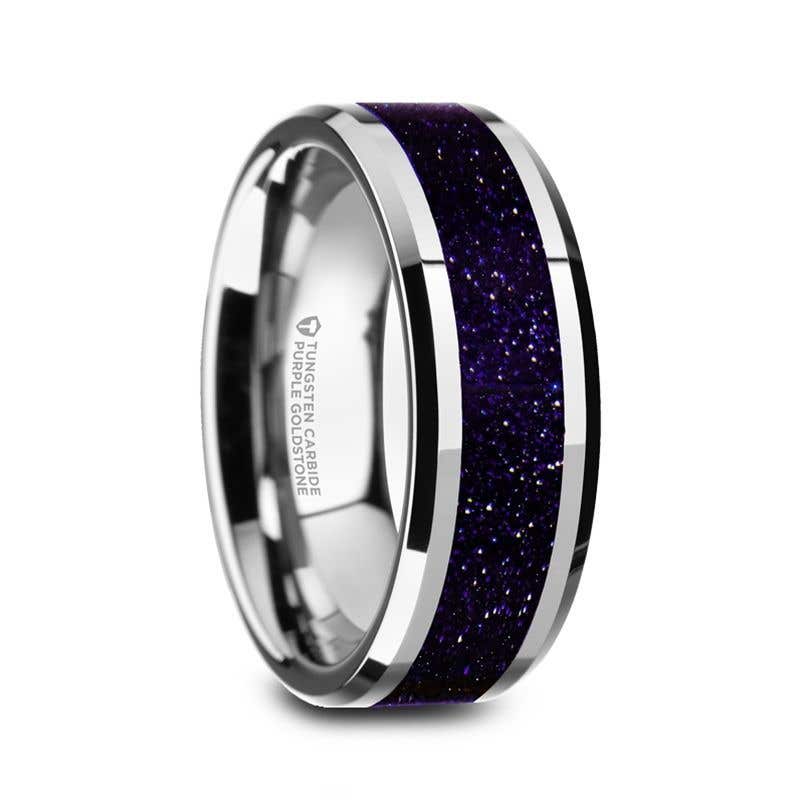 Beveled Polished Finish Tungsten Wedding Ring with Purple Goldstone Inlay - 8mm - MAKI- Sparkle & Jade-SparkleAndJade.com 