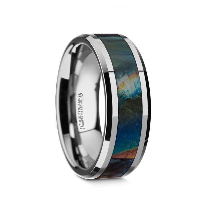 Beveled Tungsten Carbide Wedding Ring with Spectrolite Inlay Polished Finish - 8mm - Essence- Sparkle & Jade-SparkleAndJade.com 