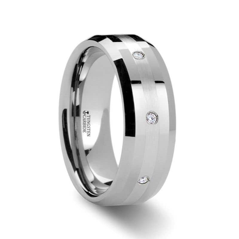 Beveled Tungsten Diamond Carbide Ring with Platinum Inlay - 8mm - NEWPORT- Sparkle & Jade-SparkleAndJade.com 