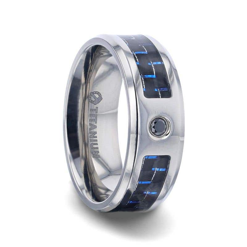 Black And Blue Carbon Fiber Inlaid Titanium Men's Wedding Band With Beveled Polished Edges and Black Sapphire Center Stone - 8mm - PACIFIC- Sparkle & Jade-SparkleAndJade.com 