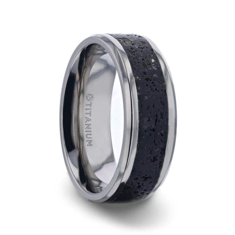 Black And Gray Lava Inlaid Titanium Men's Wedding Band With Polished Beveled Edges - 8mm - Mauna- Sparkle & Jade-SparkleAndJade.com 