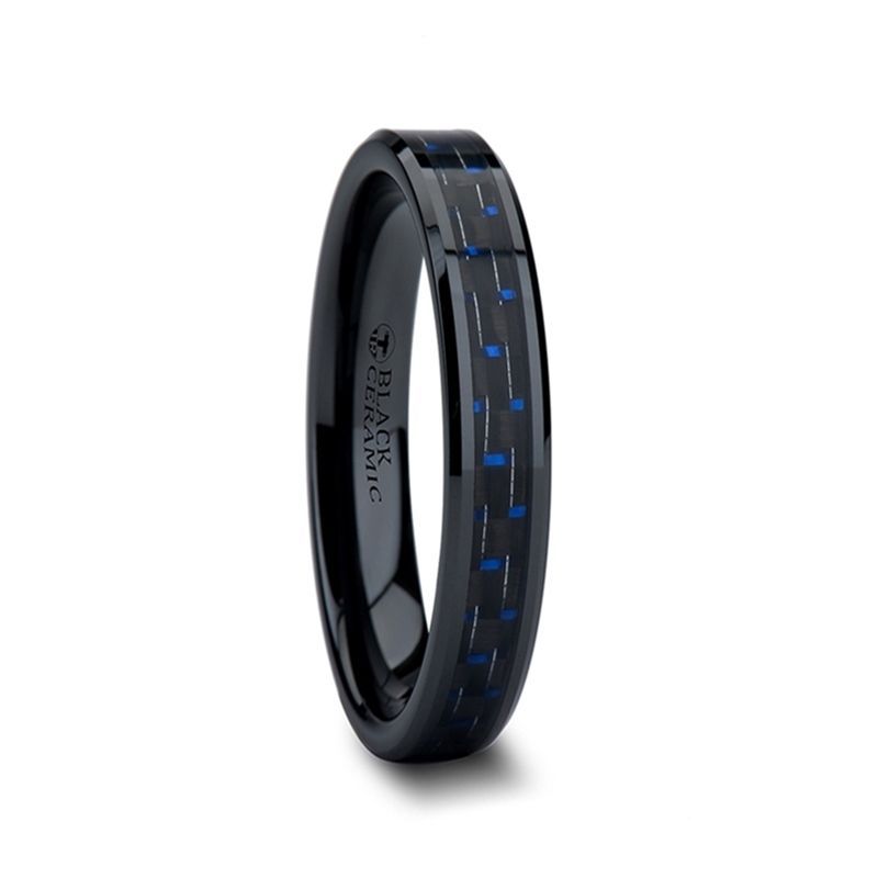 Black Beveled Ceramic Ring w/ Blue & Black Carbon Fiber Inlay 4-10mm - AVITUS- Sparkle & Jade-SparkleAndJade.com W874-BBCF