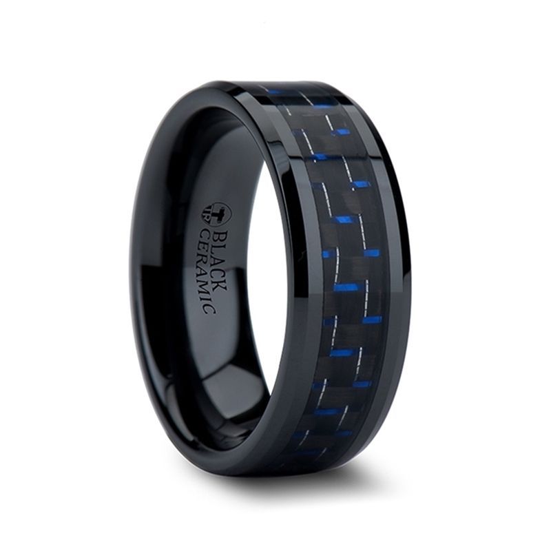 Black Beveled Ceramic Ring w/ Blue & Black Carbon Fiber Inlay 4-10mm -