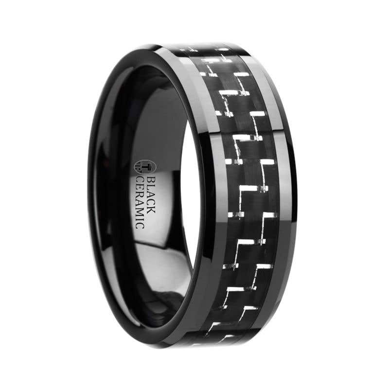 Black Beveled Ceramic Ring with Silver & Black Carbon Fiber Inlay - 8mm - Titan- Sparkle & Jade-SparkleAndJade.com 