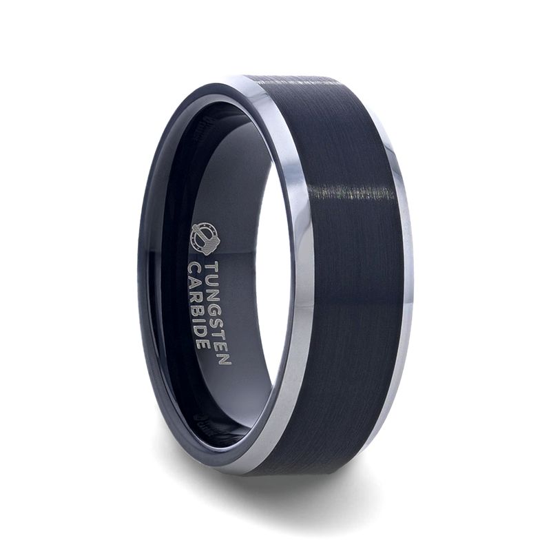Black Brushed Center Tungsten Ring with Polished Beveled Edges - 4mm - 10mm - ASTON- Sparkle & Jade-SparkleAndJade.com 