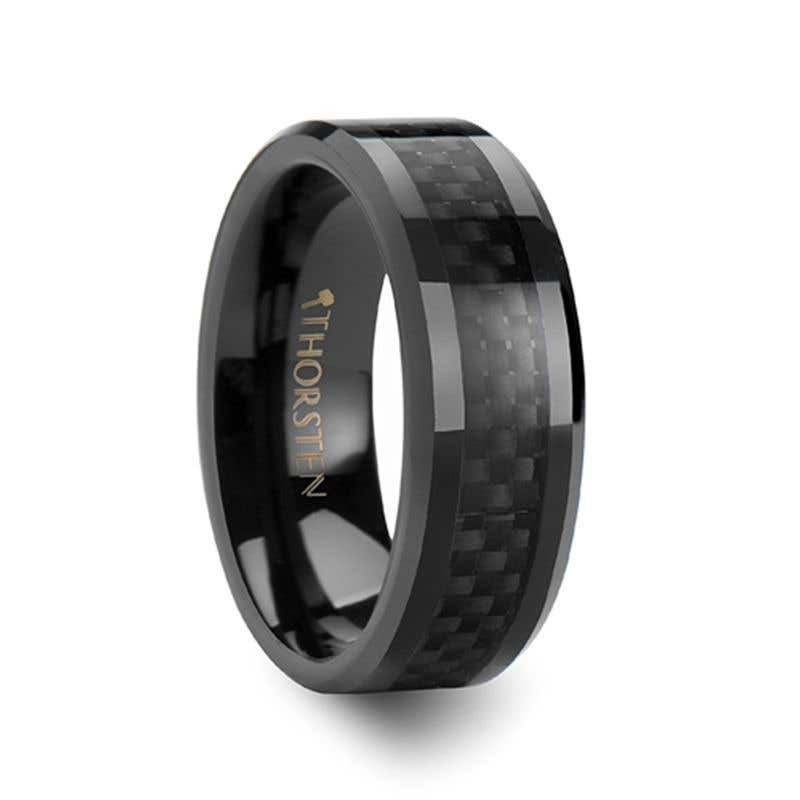 Black Carbon Fiber Inlaid Black Ceramic Wedding Band - 4mm - 12mm - Onyx- Sparkle & Jade-SparkleAndJade.com W561-BCBC