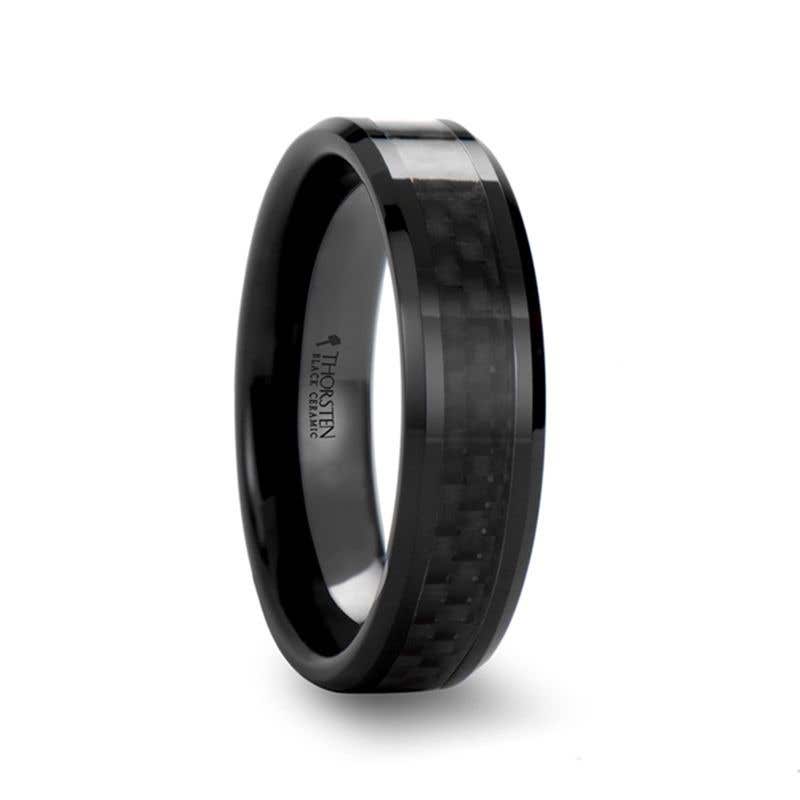 Black Carbon Fiber Inlaid Black Ceramic Wedding Band - 4mm - 12mm - Onyx- Sparkle & Jade-SparkleAndJade.com W561-BCBC