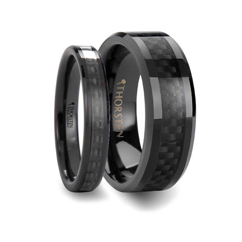 Black Carbon Fiber Inlaid Black Ceramic Wedding Band - 4mm - 12mm - Onyx- Sparkle & Jade-SparkleAndJade.com 