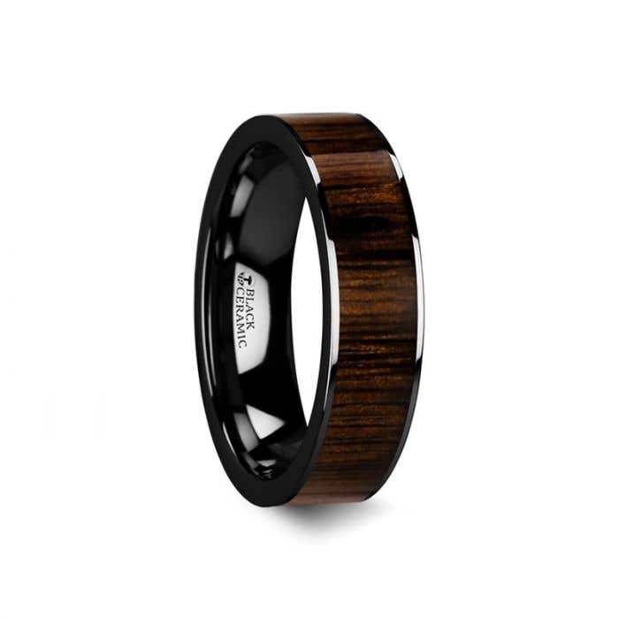 Black Ceramic Polished Finish Ring with Black Walnut Wood Inlay - 6mm - 10mm - Kendo- Sparkle & Jade-SparkleAndJade.com BC5416-BWW