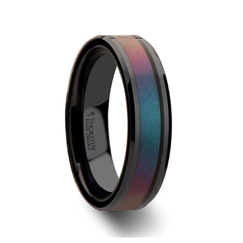 Black Ceramic Ring with Bevels and Blue-Purple Color Changing Inlay - 6mm - 10mm - Barracuda- Sparkle & Jade-SparkleAndJade.com C774-CBPI