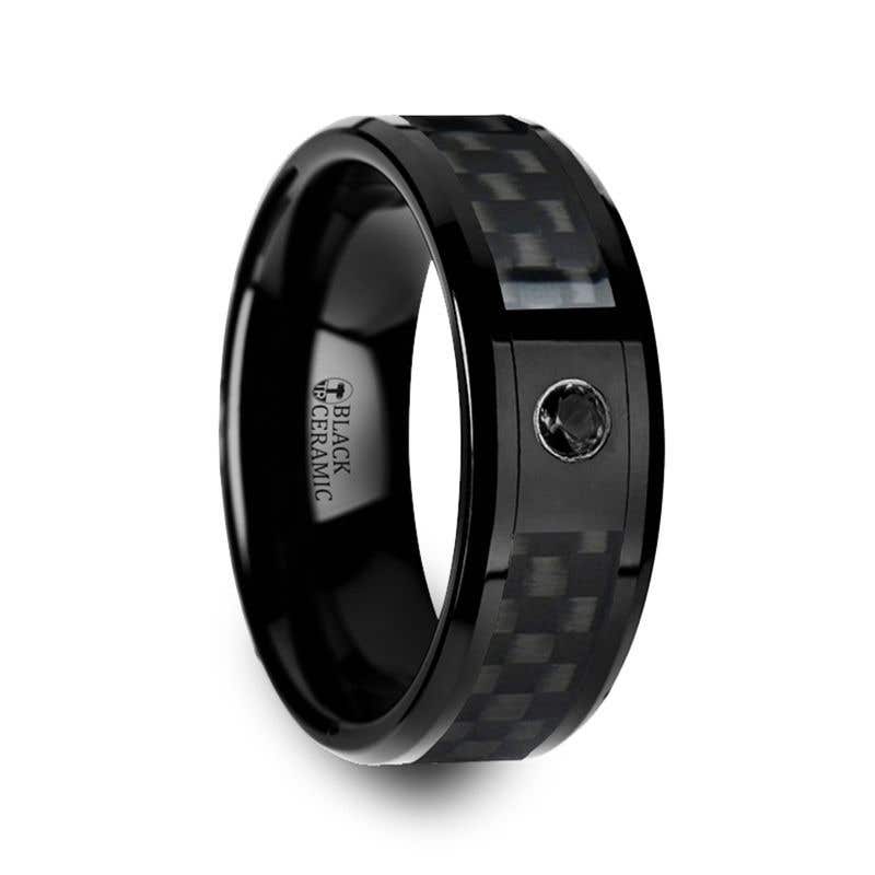 Black Ceramic Ring with Black Diamond Wedding Band and Black Carbon Fiber Inlay - 8mm - Aberdeen- Sparkle & Jade-SparkleAndJade.com 
