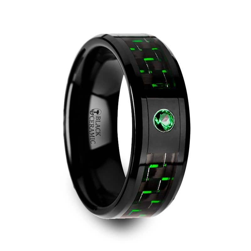 Black Ceramic Ring with Black and Green Carbon Fiber and Green Emerald Setting - 8mm - Hadar- Sparkle & Jade-SparkleAndJade.com 