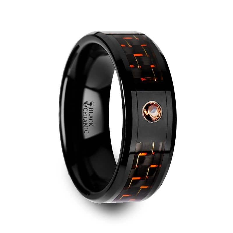 Black Ceramic Ring with Black and Orange Carbon Fiber and Orange Padparadscha Setting - 8mm - Helsing- Sparkle & Jade-SparkleAndJade.com 