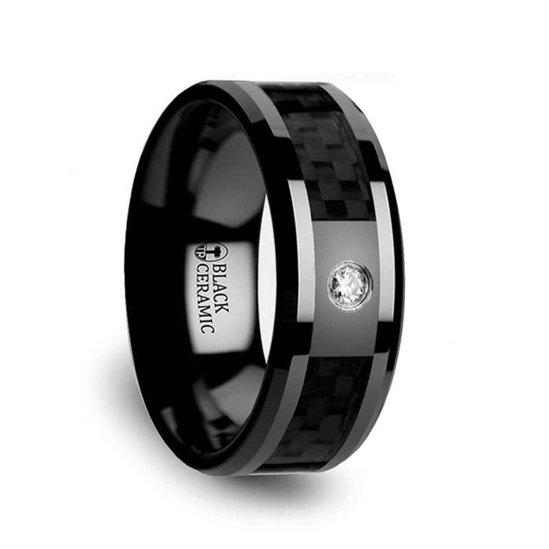 Black Ceramic Wedding Band with Black Carbon Fiber Inlay and White Diamond - 8mm - ANGUS- Sparkle & Jade-SparkleAndJade.com 