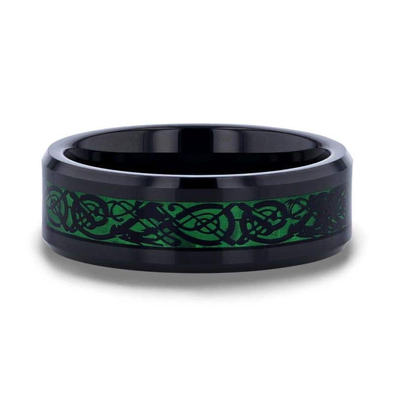 Black Dragon Design With Green Background Inlaid Black Tungsten Men's Ring With Clear Coating And Beveled Edge - 8mm - Allure- Sparkle & Jade-SparkleAndJade.com 