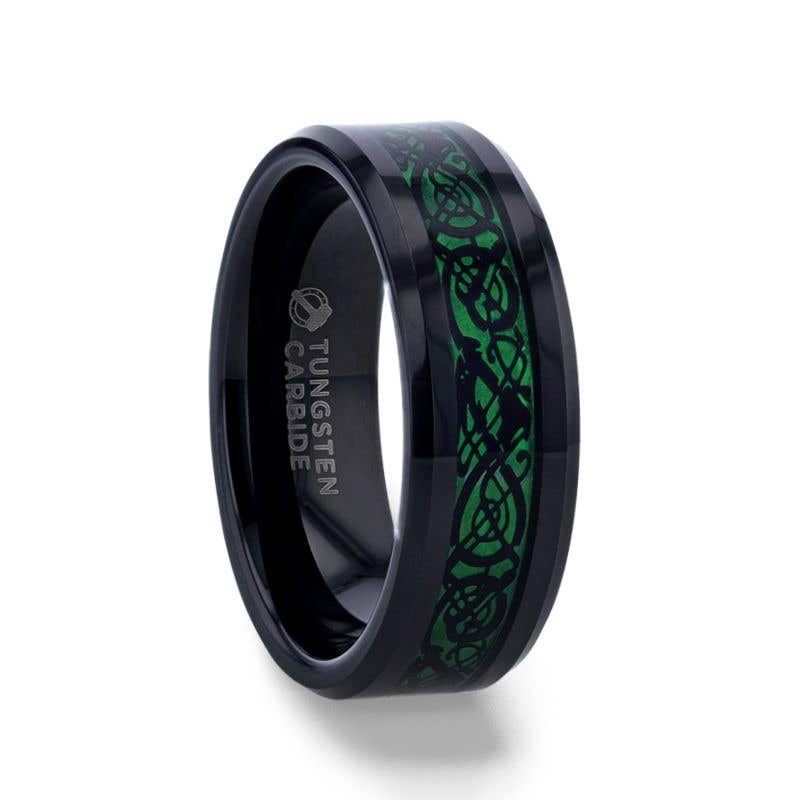 Black Dragon Design With Green Background Inlaid Black Tungsten Men's Ring With Clear Coating And Beveled Edge - 8mm - Allure- Sparkle & Jade-SparkleAndJade.com 