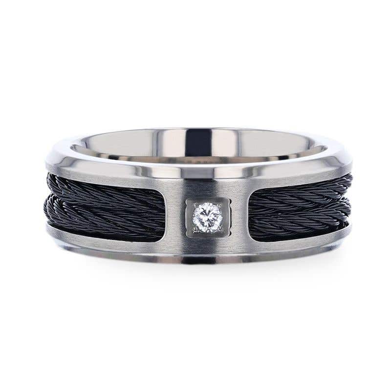 Black Rope Cables Inlaid Brushed Finish Titanium Men's Wedding Ring with Diamond Centered And Beveled Polished Edges - 8mm - SECTOR- Sparkle & Jade-SparkleAndJade.com 