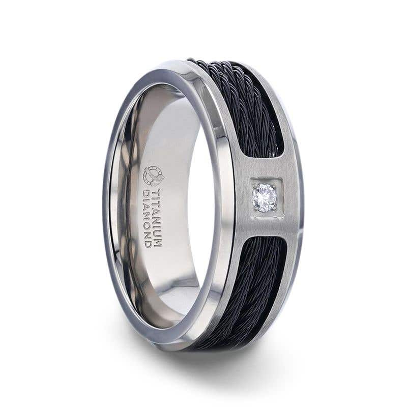 Black Rope Cables Inlaid Brushed Finish Titanium Men's Wedding Ring with Diamond Centered And Beveled Polished Edges - 8mm - SECTOR- Sparkle & Jade-SparkleAndJade.com 