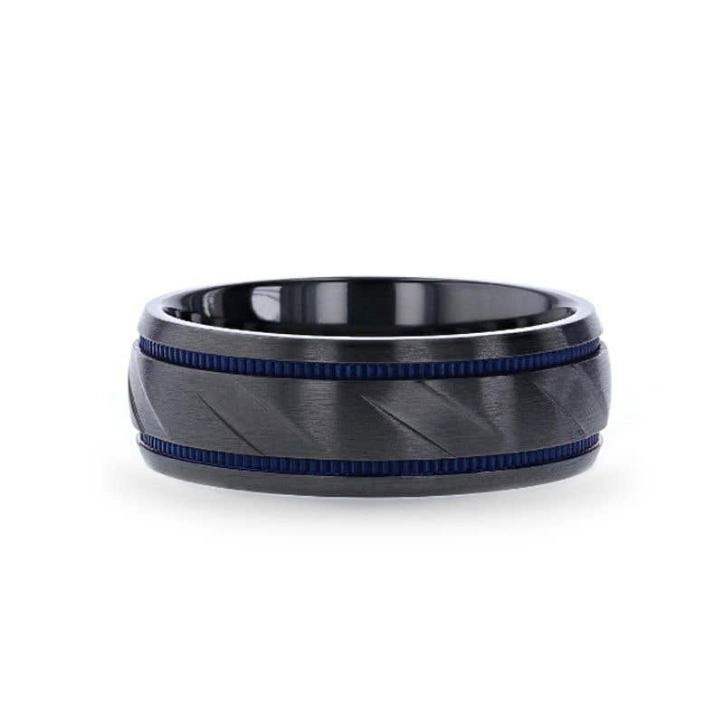 Black Titanium Carved Diagonal Pattern Brushed Finish Men’s Wedding Ring with Blue Milgrain Grooves – 8mm - Patrol- Sparkle & Jade-SparkleAndJade.com 
