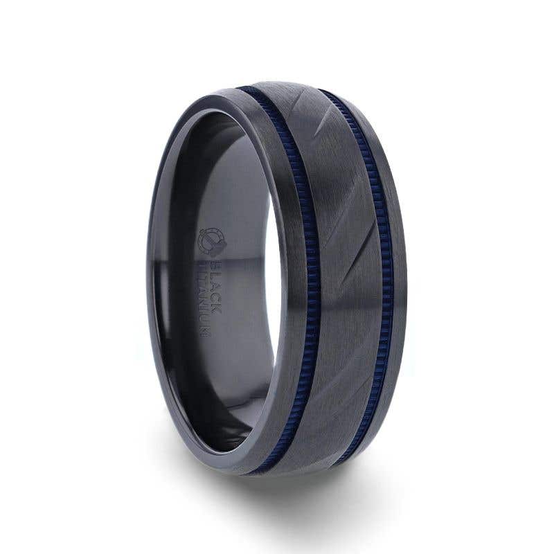 Black Titanium Carved Diagonal Pattern Brushed Finish Men’s Wedding Ring with Blue Milgrain Grooves – 8mm - Patrol- Sparkle & Jade-SparkleAndJade.com 