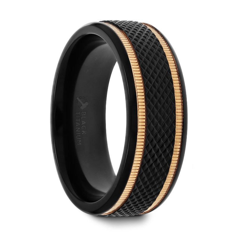 Black Titanium Diamond Pattern Brushed Finish Men’s Wedding Ring with Gold Milgrain Grooves – 8mm - BAROQUE- Sparkle & Jade-SparkleAndJade.com 