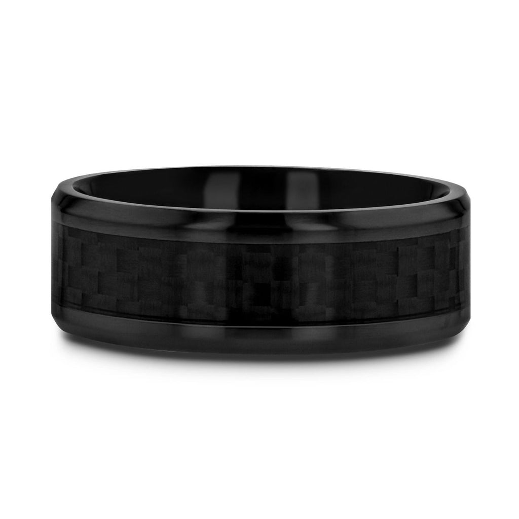 Black Titanium Polished Beveled Edges Black Carbon Fiber Inlaid Wedding Band - 8mm - OXYN- Sparkle & Jade-SparkleAndJade.com 