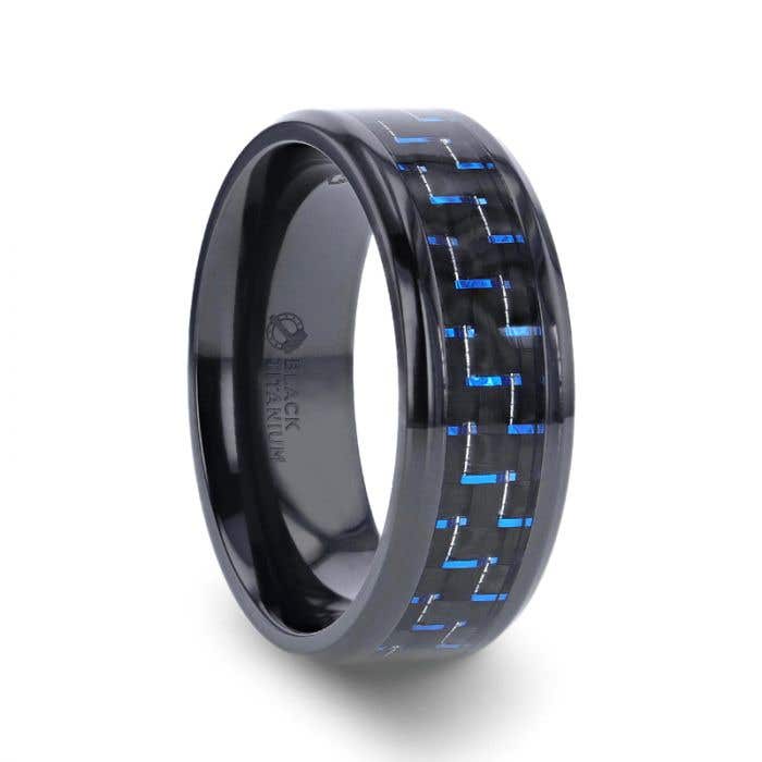 Black Titanium Ring with Blue & Black Carbon Fiber Inlay and Bevels - 8mm - Zayden- Sparkle & Jade-SparkleAndJade.com 