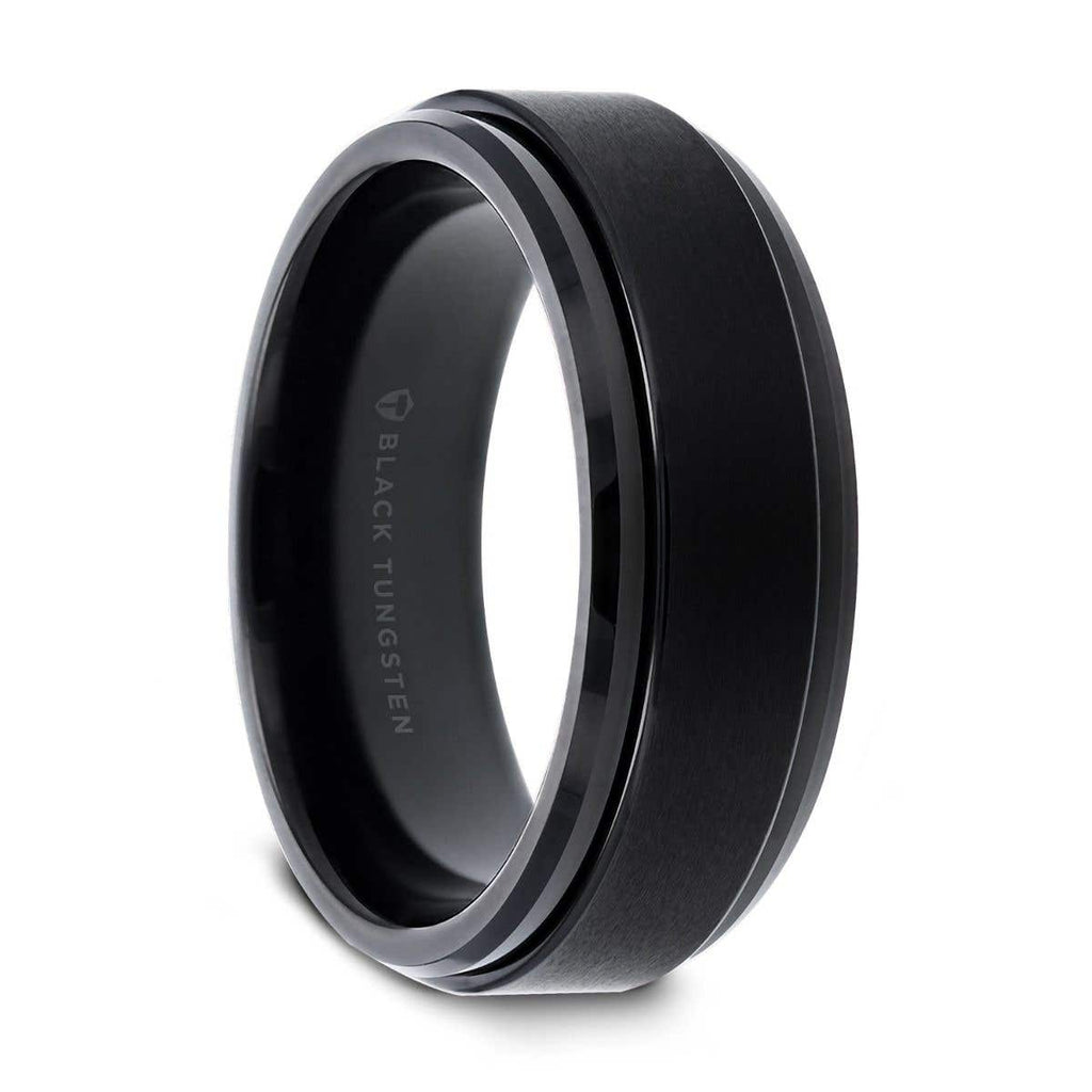 Black Tungsten Brushed Finish Spinner Ring Polished Base Spinning Wedding Band - 6mm & 8mm - Revolve- Sparkle & Jade-SparkleAndJade.com 