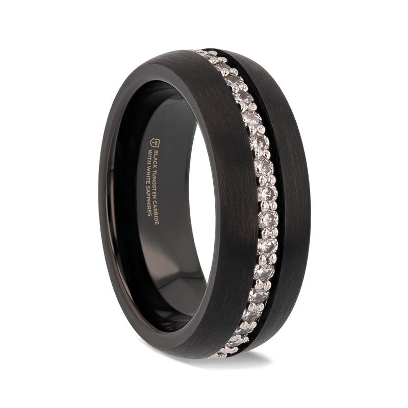 Black Tungsten Carbide Ring Domed Brushed Finish with White Sapphires - 8mm - TSAR- Sparkle & Jade-SparkleAndJade.com 