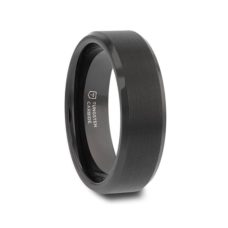 Black Tungsten Ring with Polished Beveled Edges and Brush Finished Center - 4mm - 10mm - Elise- Sparkle & Jade-SparkleAndJade.com 