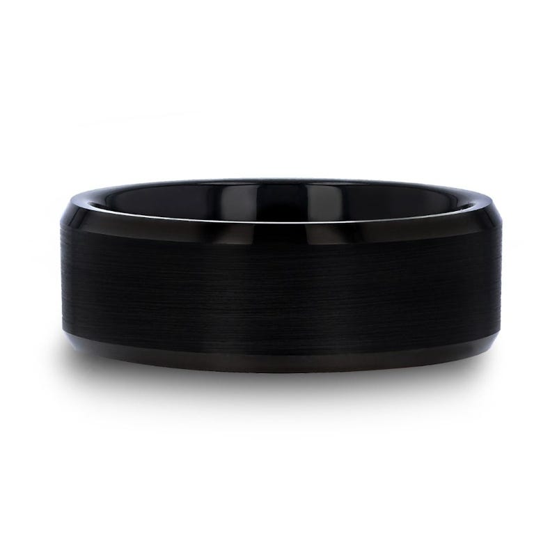 Black Tungsten Ring with Polished Beveled Edges and Brush Finished Center - 4mm - 10mm - Elise- Sparkle & Jade-SparkleAndJade.com 