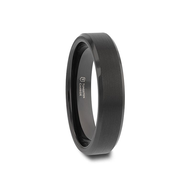 Black Tungsten Ring with Polished Beveled Edges and Brush Finished Center - 4mm - 10mm - Elise- Sparkle & Jade-SparkleAndJade.com W2048-FBBE