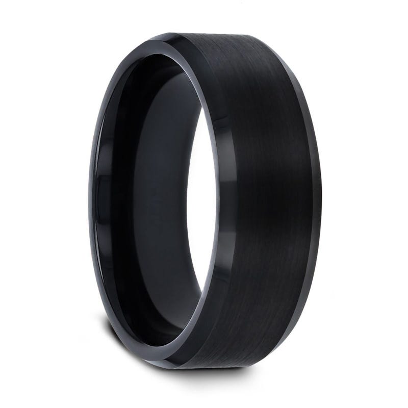 Black Tungsten Ring with Polished Beveled Edges and Brush Finished Center - 4mm - 10mm - Elise- Sparkle & Jade-SparkleAndJade.com W2048-FBBE