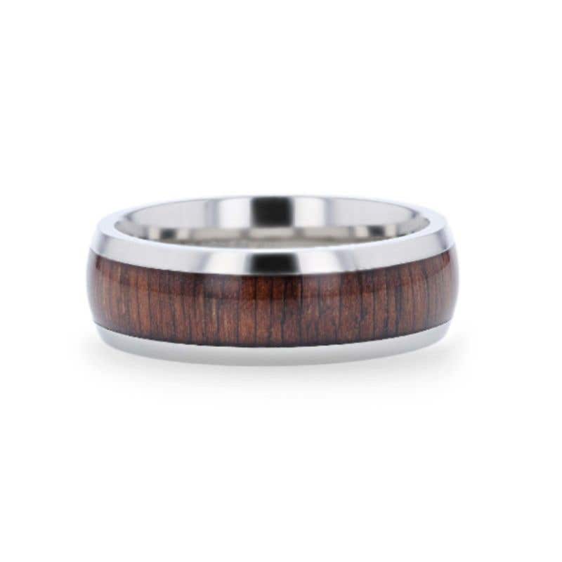 Black Walnut Wood Inlaid Titanium Domed Polished Finish Men's Wedding Ring With Beveled Edges - 8mm - Cary- Sparkle & Jade-SparkleAndJade.com 
