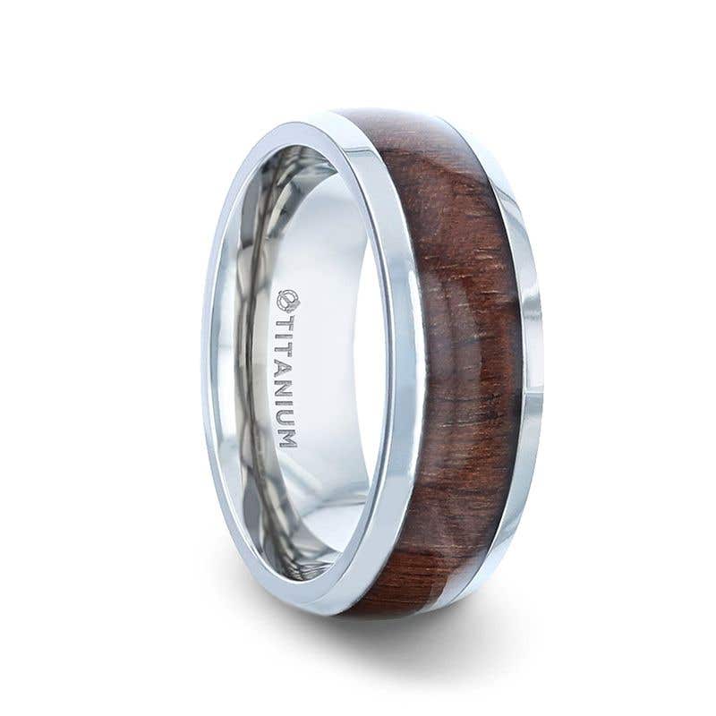 Black Walnut Wood Inlaid Titanium Domed Polished Finish Men's Wedding Ring With Beveled Edges - 8mm - Cary- Sparkle & Jade-SparkleAndJade.com 
