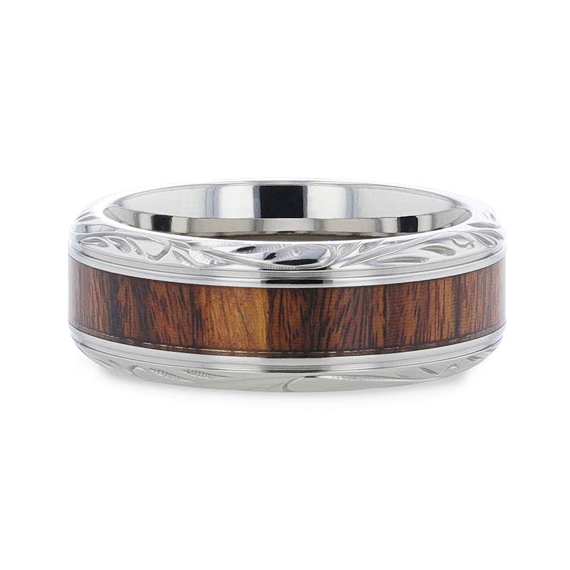 Black Walnut Wood Inlay with Detailed Beveled Edges Titanium Polished Wedding Ring - 8mm - Kraft- Sparkle & Jade-SparkleAndJade.com 