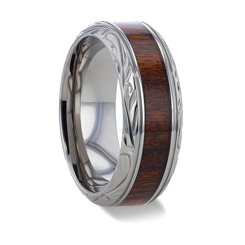 Black Walnut Wood Inlay with Detailed Beveled Edges Titanium Polished Wedding Ring - 8mm - Kraft- Sparkle & Jade-SparkleAndJade.com 