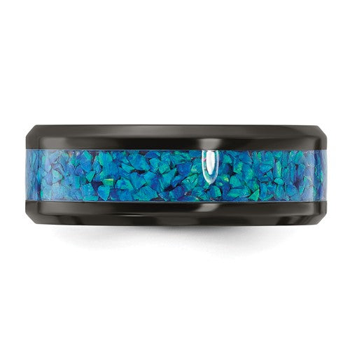 Black Zirconium Polished with Blue Opal Inlay 8mm Band- Sparkle & Jade-SparkleAndJade.com 