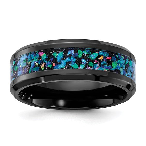 Black Zirconium with Black & Blue Imitation Opal Inlay 8mm Men's Band- Sparkle & Jade-SparkleAndJade.com 