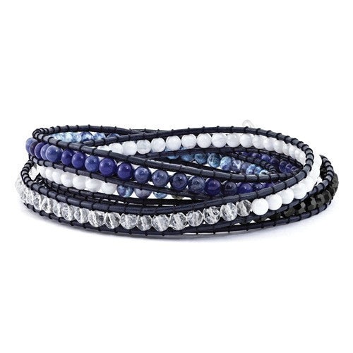 Blue Agate, Crystal, Sodalite & Leather Multi-Wrap Bracelet- Sparkle & Jade-SparkleAndJade.com BF2111
