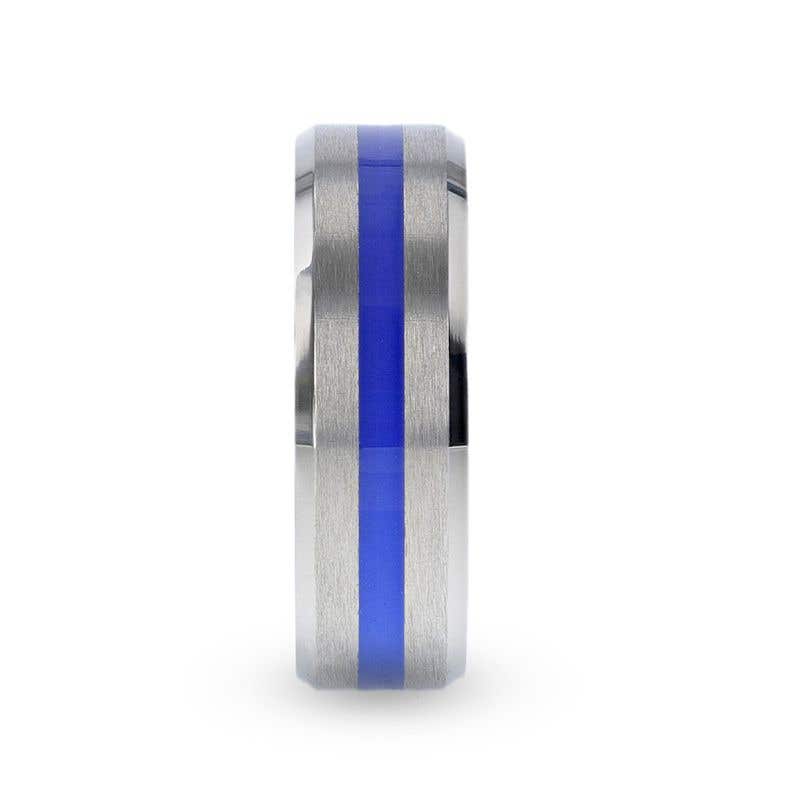 Blue Stripe Inlaid Titanium Flat Brushed Men's Wedding Ring With Beveled Polished Edges - 8mm - Barry- Sparkle & Jade-SparkleAndJade.com 
