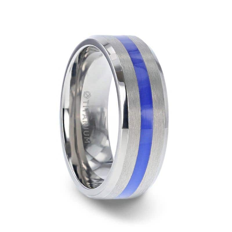 Blue Stripe Inlaid Titanium Flat Brushed Men's Wedding Ring With Beveled Polished Edges - 8mm - Barry- Sparkle & Jade-SparkleAndJade.com 