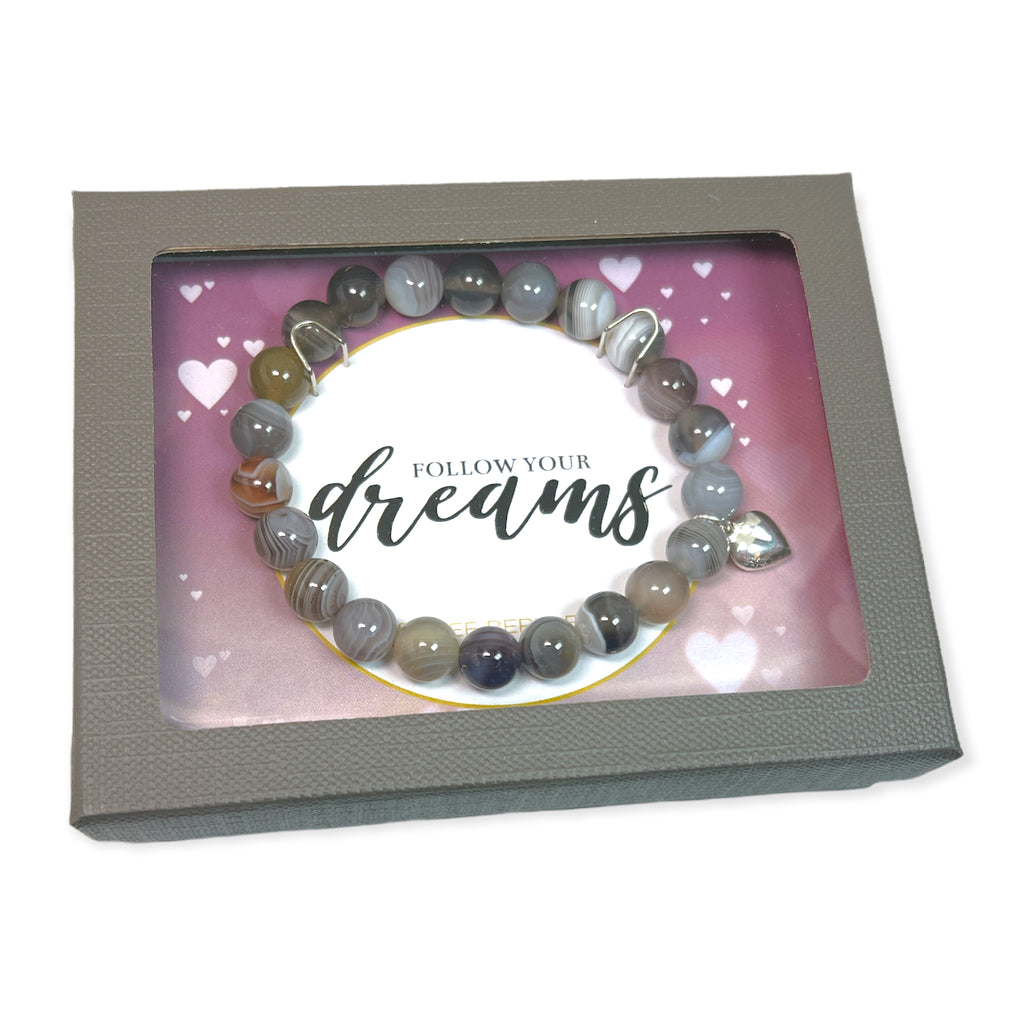 Botswana Agate with Sterling Silver Heart Charm "Follow Your Dreams" Bracelet Gift Box- Sparkle & Jade-SparkleAndJade.com DBJ-RTW-0017-PBWSS