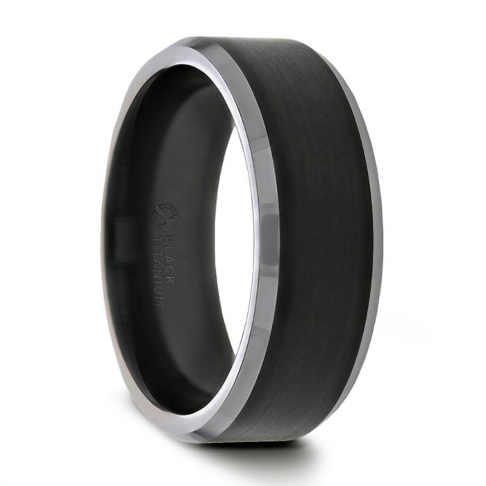 Brushed Black Center Polished Beveled Edges Men’s Titanium Wedding Ring - 6mm & 8mm - ATNOS- Sparkle & Jade-SparkleAndJade.com T5999-BTBB