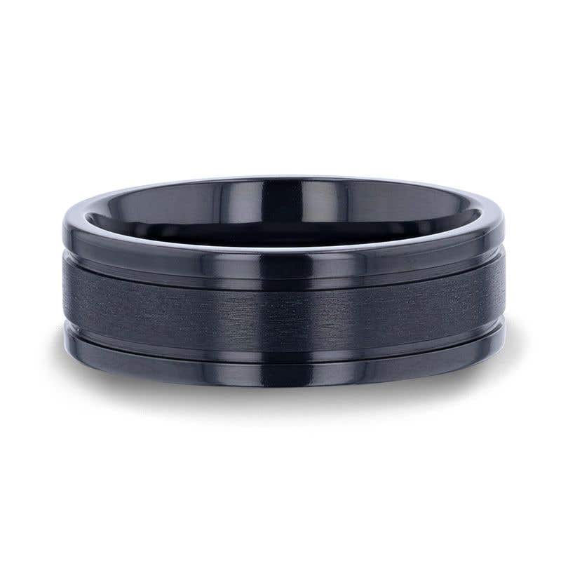 Thorsten WOLVERINE Brushed Center Black Titanium Men's Wedding Band With Polished Dual Offset Grooves - 8mm- Sparkle & Jade-SparkleAndJade.com 