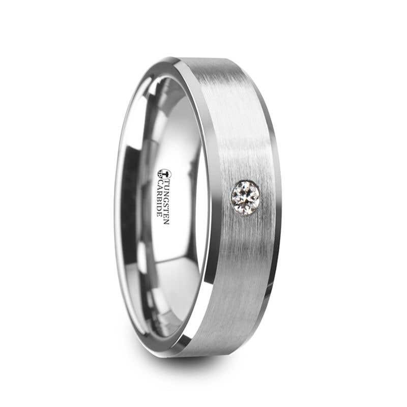 Brushed Finish Tungsten Carbide Wedding Ring with White Diamond Setting and Beveled Edges- 6 mm & 8 mm - Porter- Sparkle & Jade-SparkleAndJade.com W4286-TCWD