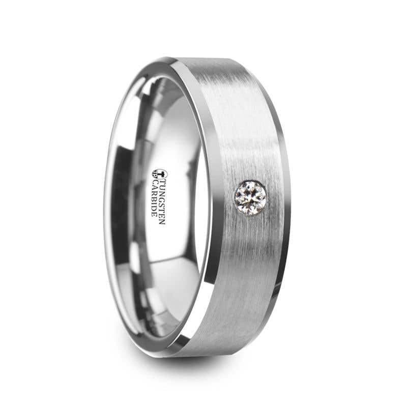 Brushed Finish Tungsten Carbide Wedding Ring with White Diamond Setting and Beveled Edges- 6 mm & 8 mm - Porter- Sparkle & Jade-SparkleAndJade.com W4286-TCWD