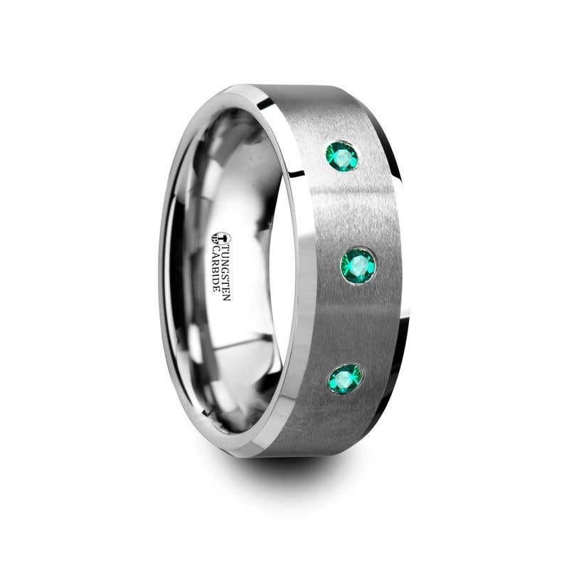 Brushed Tungsten Men’s Wedding Ring with Polished Beveled Edges & 3 Emeralds - 8mm - Icarus- Sparkle & Jade-SparkleAndJade.com 