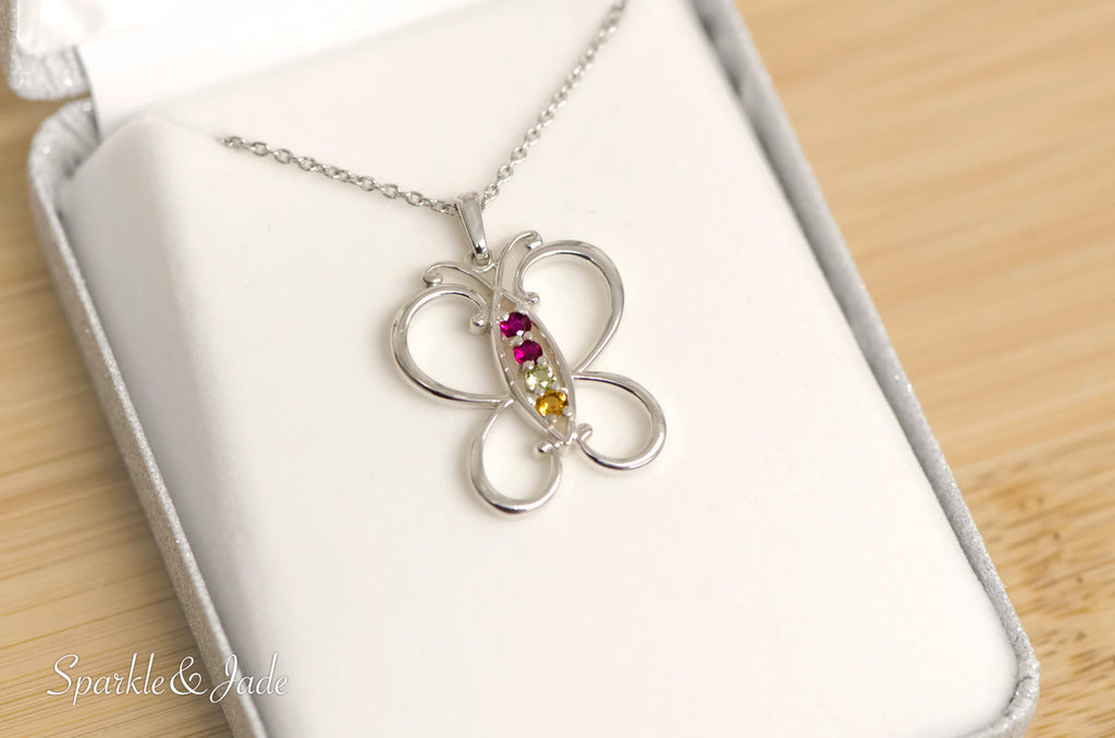Butterfly Mother's Family Birthstone Pendant Necklace- Sparkle & Jade-SparkleAndJade.com 